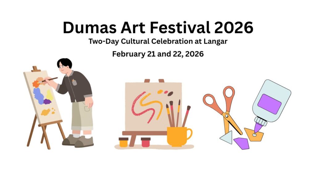 Dumas Art Festival 2026 promotional image with artist painting, art supplies, and event details.