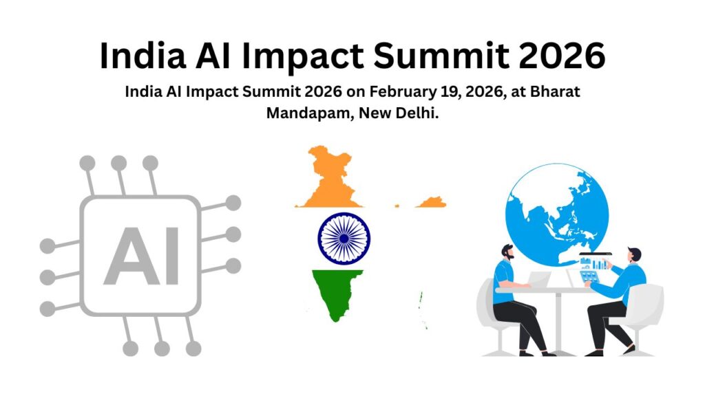 India AI Impact Summit 2026 graphic featuring AI icon, India map, and global collaboration illustration.