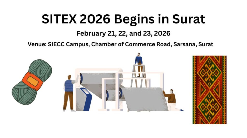 SITEX 2026 textile expo banner in Surat. Features dates, venue, yarn, fabric, and textile machinery graphics.
