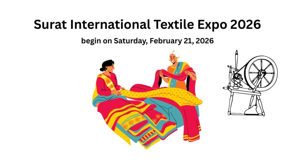 Surat Textile Expo 2026 promo image: Women with textile, spinning wheel.