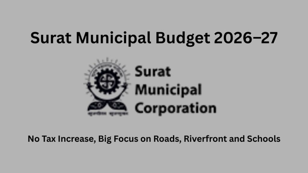 Surat Municipal Budget 2026-27 graphic with logo, announces no tax increase, focus on roads, riverfront, and schools.
