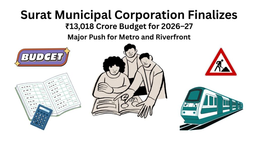 Surat Municipal Corporation meeting approving ₹13,018 crore budget for 2026–27 with focus on metro and riverfront projects