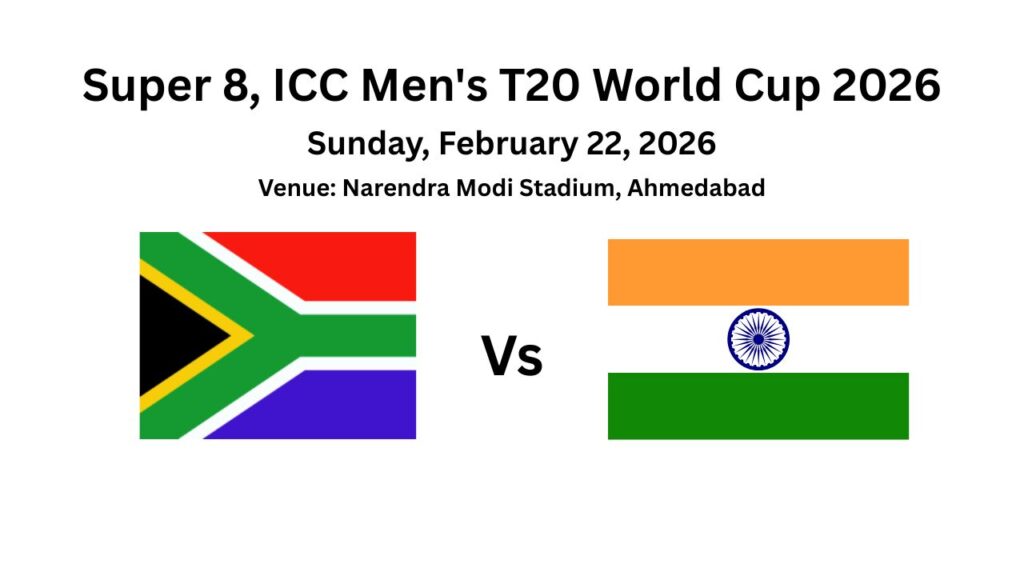 South Africa vs India, Super 8 match at the Narendra Modi Stadium, ICC Men's T20 World Cup 2026.