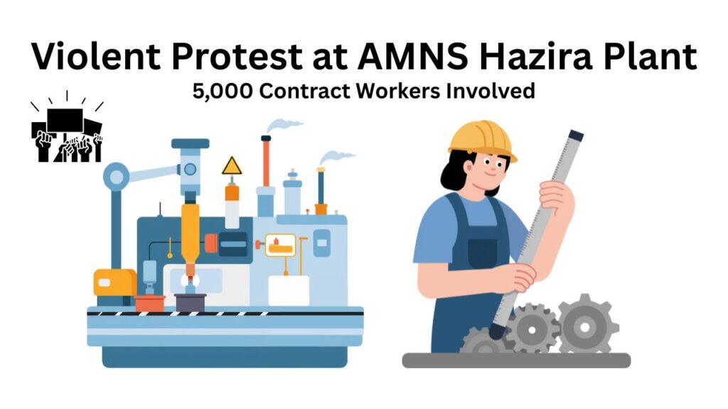 Police presence outside AMNS Hazira plant after violent protest involving contract workers