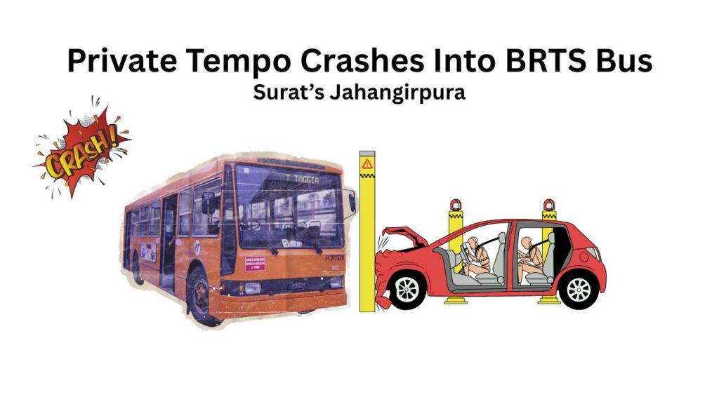 Damaged tempo and BRTS bus after collision in Jahangirpura Surat